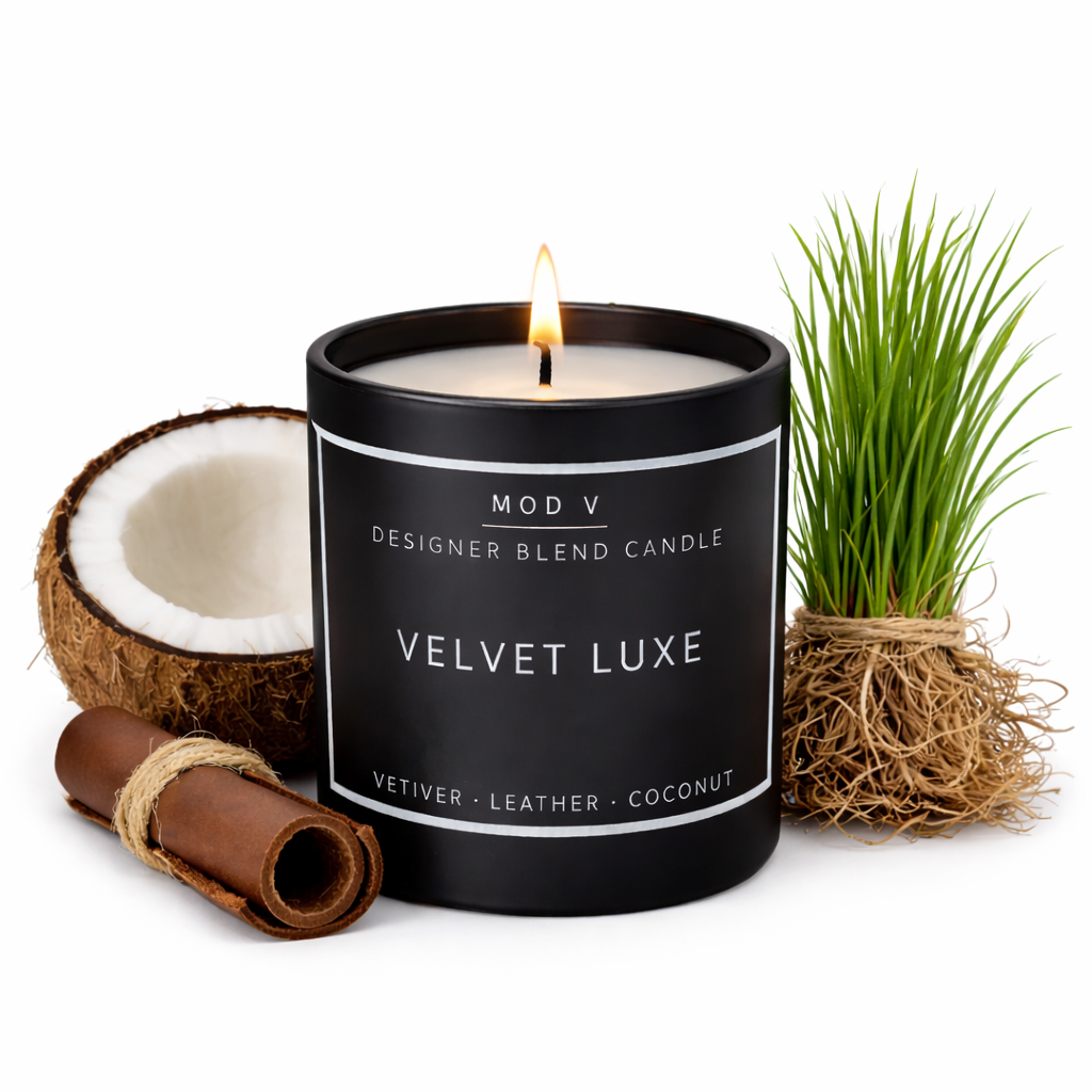 Black candle labeled 'Velvet Luxe' with a coconut, cinnamon stick, and grass on a white background