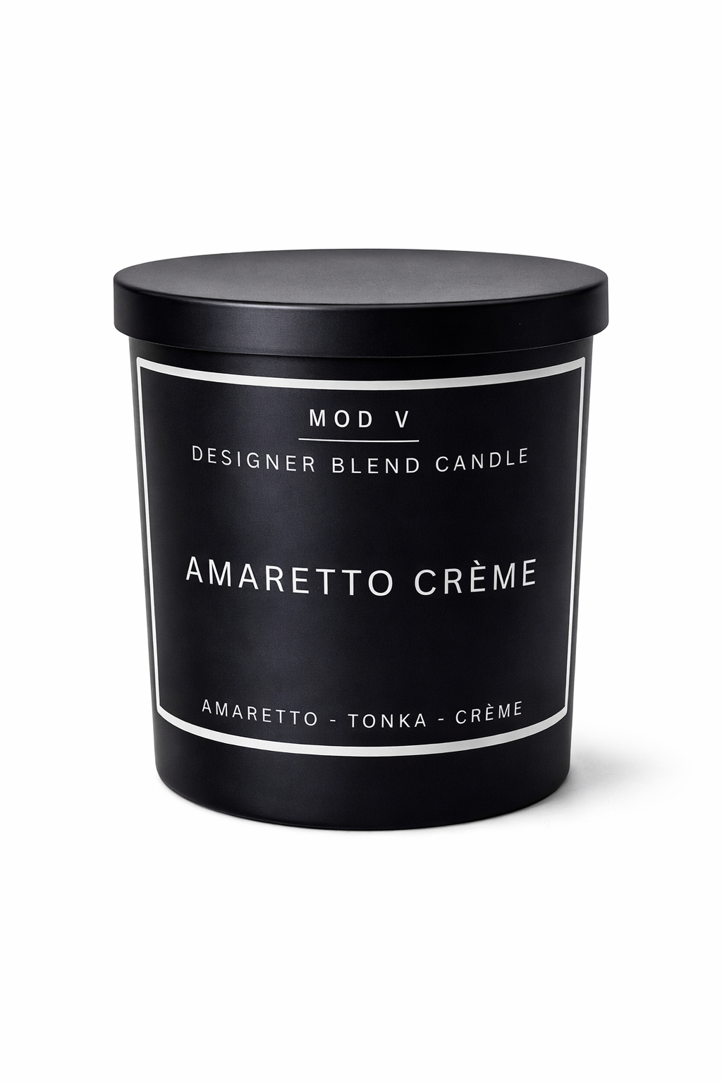 Black candle container with 'Amaretto Crème' flavor on a white background