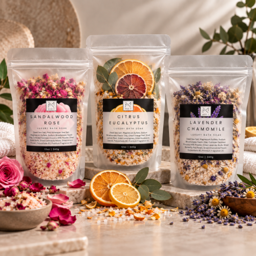 Three stand-up pouches of bath salts are arranged on a stone surface with dried botanicals and citrus slices around them. The pouches are labeled Sandalwood Rose, Citrus Eucalyptus, and Lavender Chamomile, and the scene is styled with flowers, petals, and herbs in a warm spa-like setting.