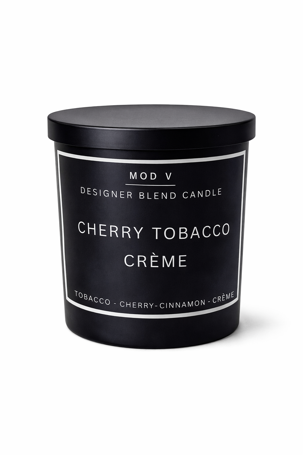 Black candle container with 'Cherry Tobacco Crème' label on a white background