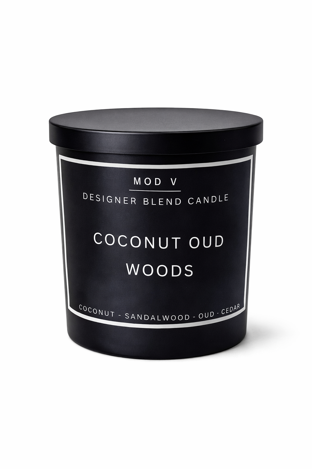 Black candle with 'Coconut Oud Woods' label on a white background