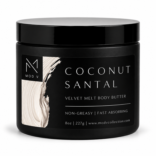 A black jar of MOD V Grapefruit & Suede Velvet Melt Body Butter on a clean white background.