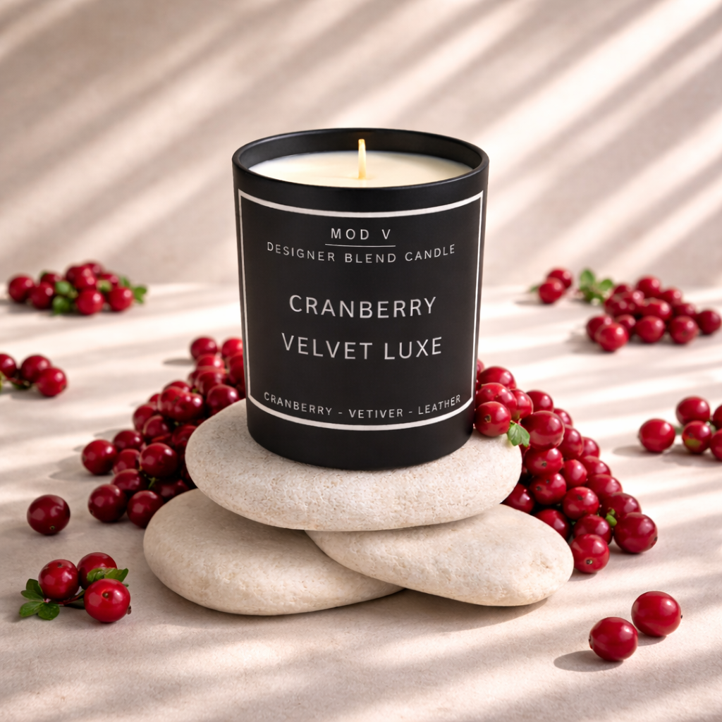 Candle labeled 'Cranberry Velvet Luxe' on stones with cranberries around