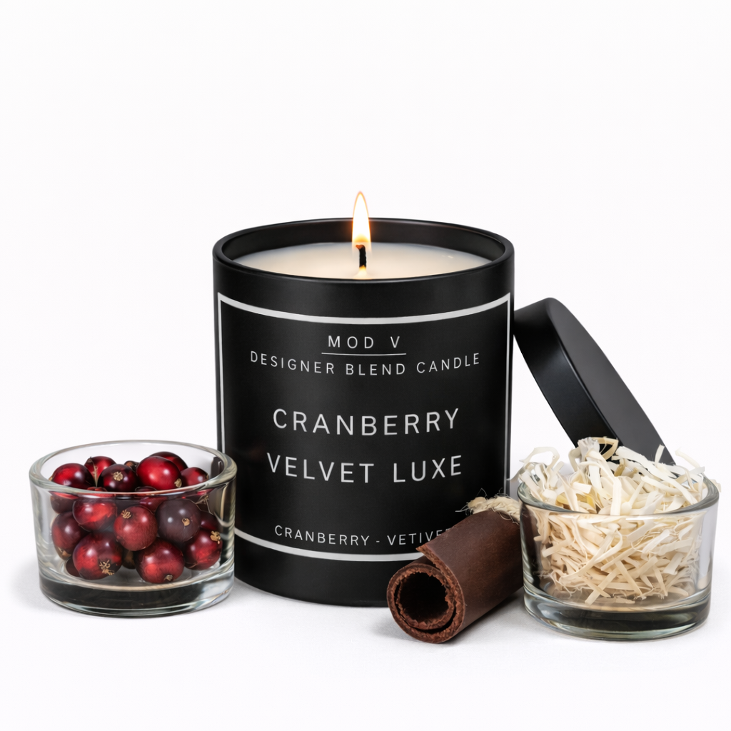 Candle with 'Cranberry Velvet Luxe' packaging, surrounded by cranberries and a cinnamon stick on a white background
