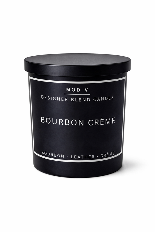 Black candle container labeled 'Bourbon Crème' by MOD V on a white background