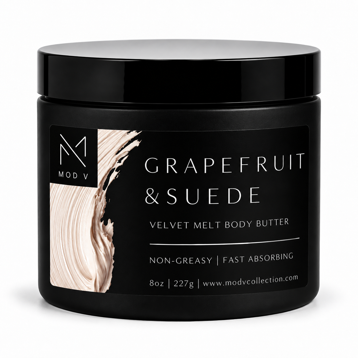 A black jar of MOD V Grapefruit & Suede Velvet Melt Body Butter on a clean white background.
