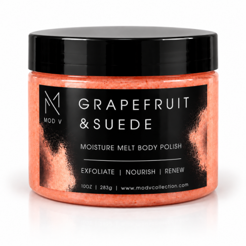 A 10oz jar of MOD V Grapfruit & Suede Moisture Melt Body Polish. The product is a bright orange-pink body polish visible through the clear plastic jar, topped with a black lid and featuring a black label with white text.