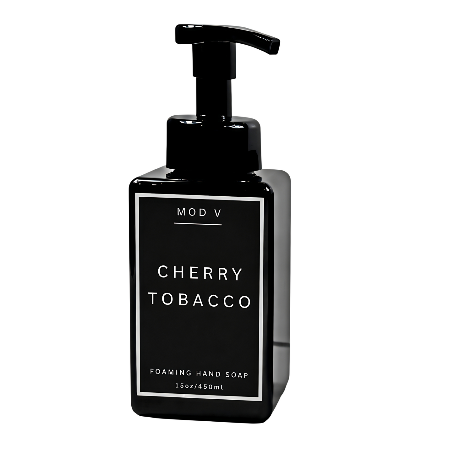 Black foaming hand soap bottle labeled 'Cherry Tobacco' by MOD V on a white background