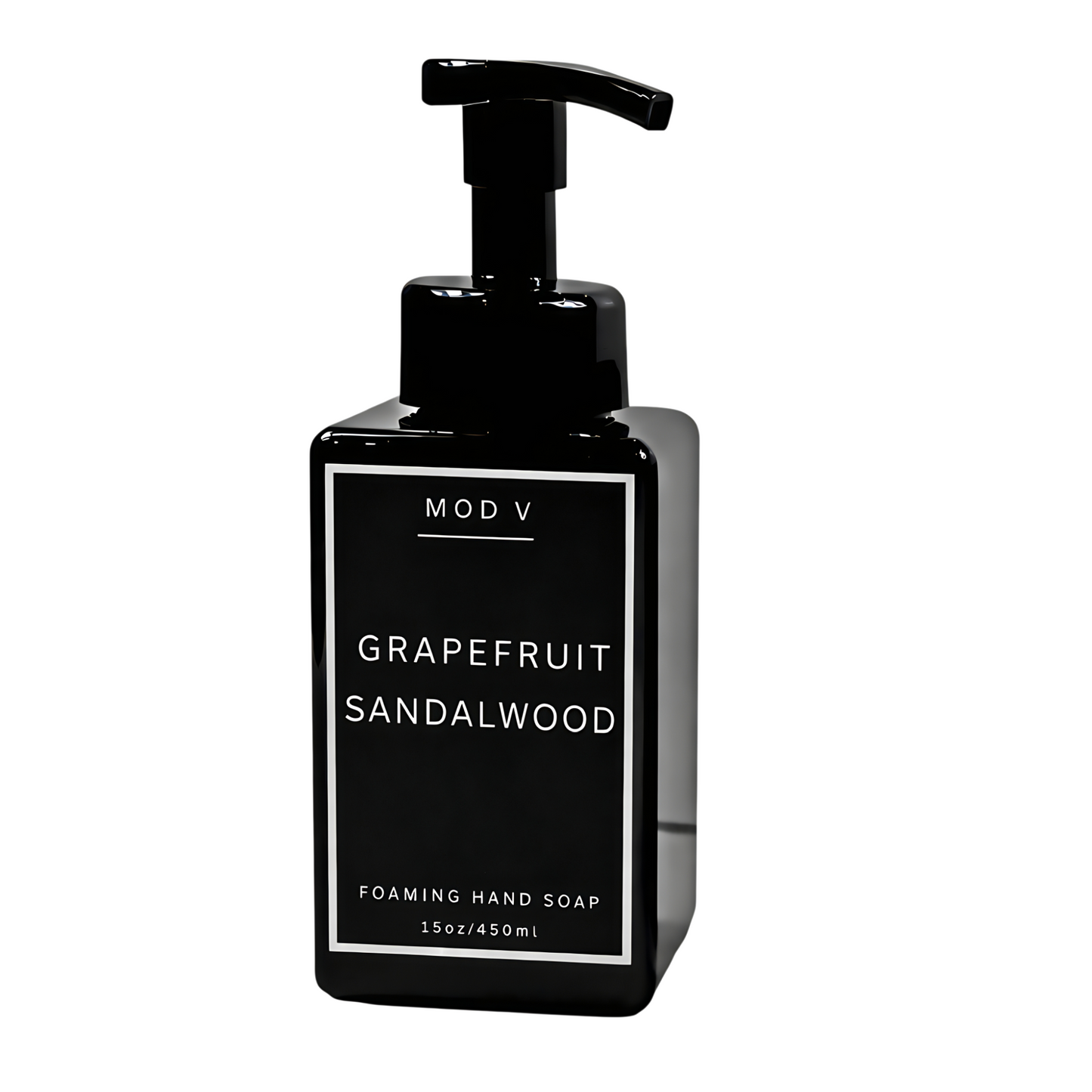 Black foaming hand soap bottle labeled 'Grapefruit Sandalwood' by MOD V on a white background
