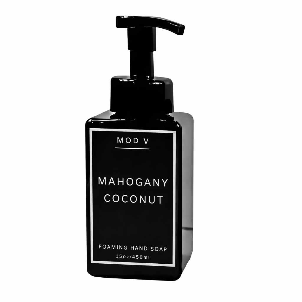 Black foaming hand soap bottle labeled 'Mahogany Coconut' by MOD V on a white background