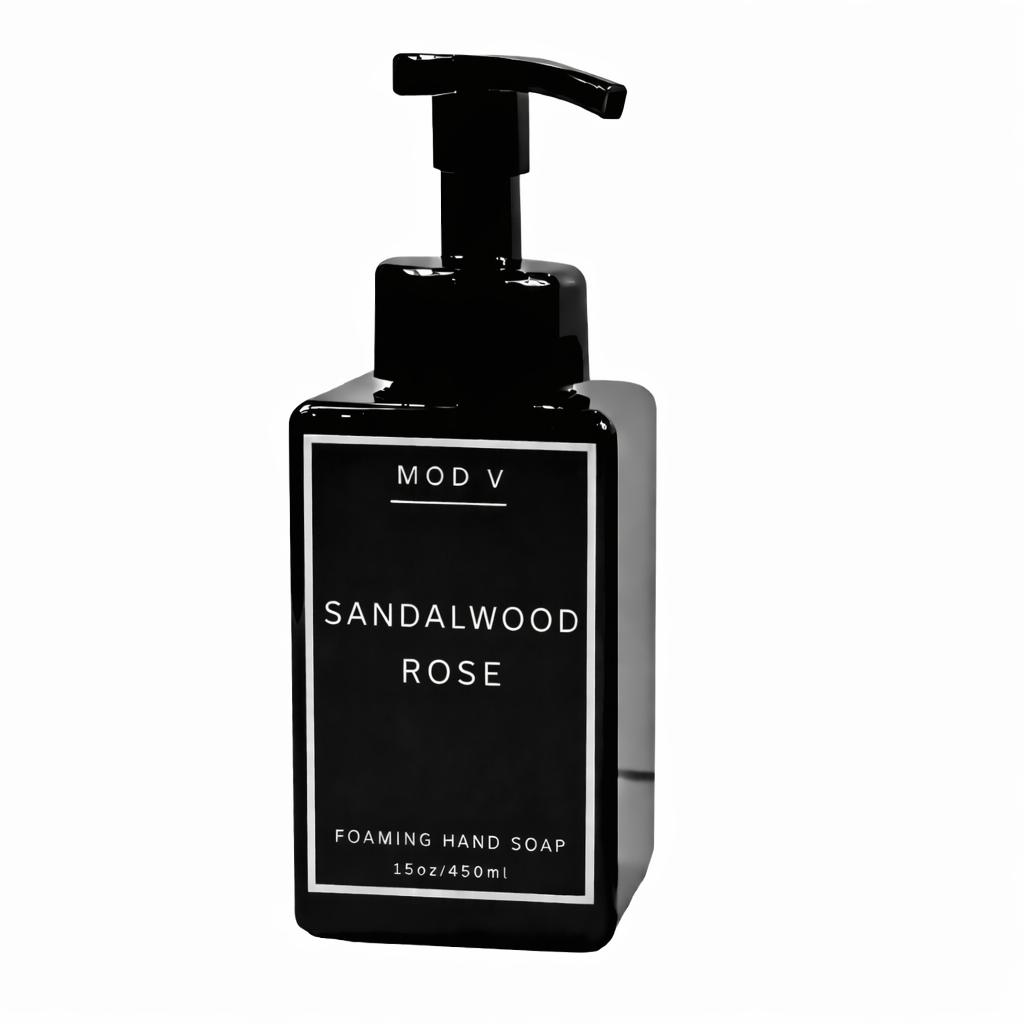 Black foaming hand soap bottle labeled 'Sandalwood Rose' by MOD V on a white background