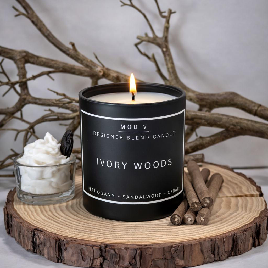Candle labeled 'Ivory Woods' on a wooden surface with decorative elements.
