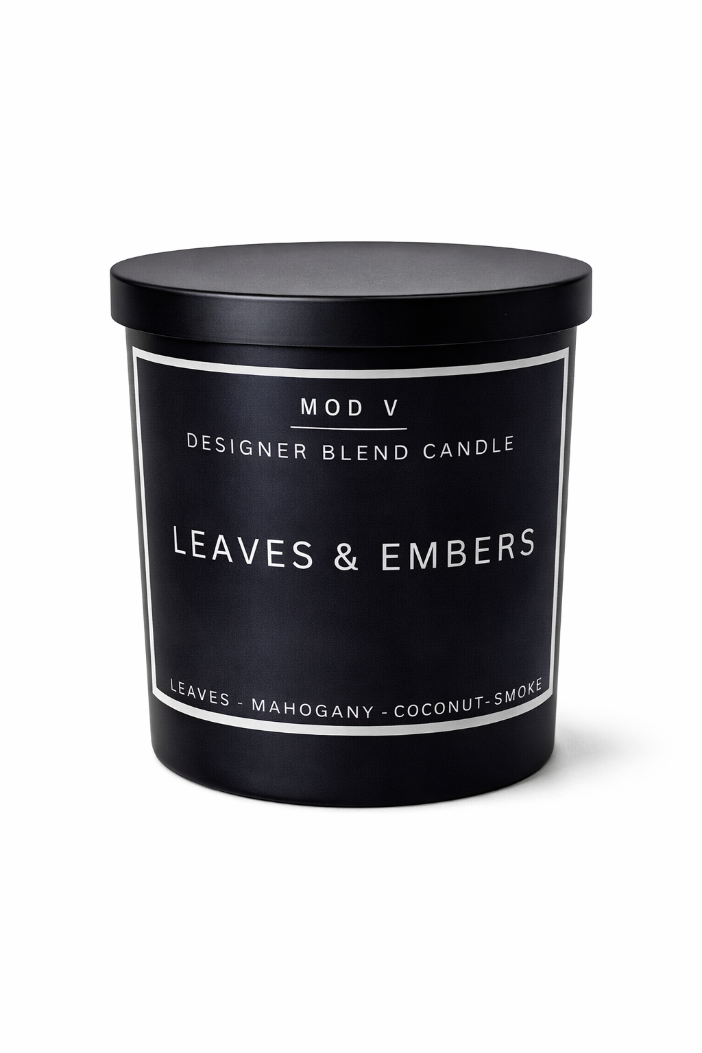 Candle with 'Leaves & Embers' fragrance on a white background