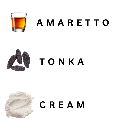 Amaretto, Tonka, and Cream ingredients with their respective names on a white background