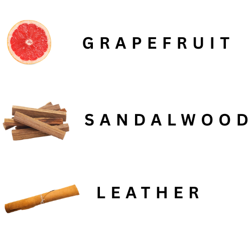 Grapefruit, sandalwood, and leather scents with corresponding images on a white background