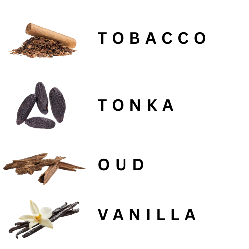 Spices and herbs with labels for Tobacco, Tonka, Oud, and Vanilla on a white background