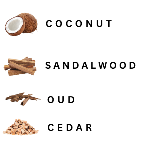Four different wood types labeled: Coconut, Sandalwood, Oud, and Cedar on a white background.