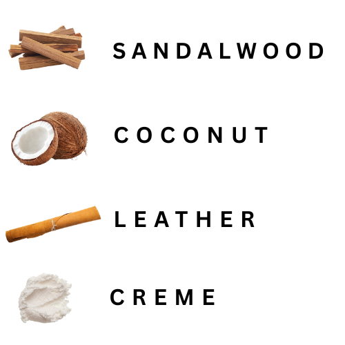 Four scents labeled as Sandalwood, Coconut, Leather, and Creme on a white background.