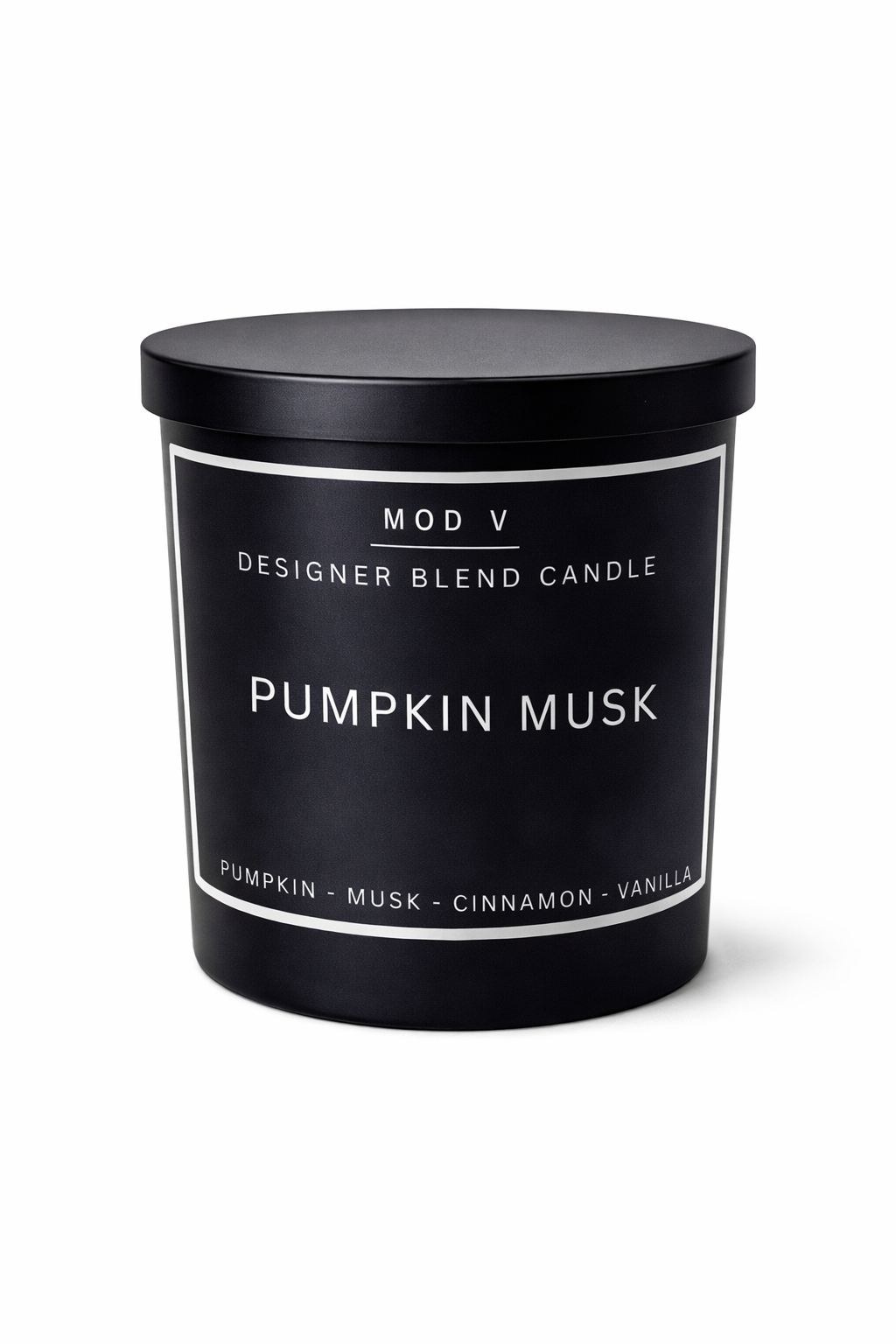 Black candle container with 'Pumpkin Musk' label on a white background