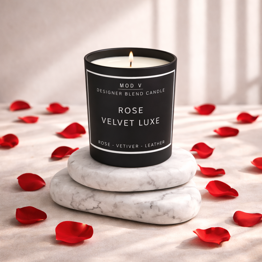 Candle labeled 'Rose Velvet Luxe' on a marble stand with red rose petals around