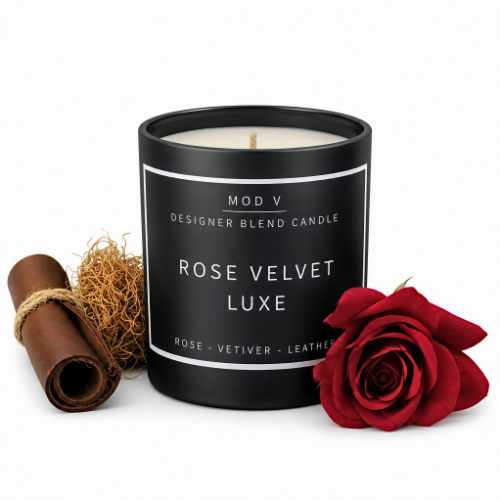 A black candle jar labeled 'MOD V ROSE VELVET LUXE' on a white background, styled with a red rose and a rolled brown bark-like ingredient tied with twine.