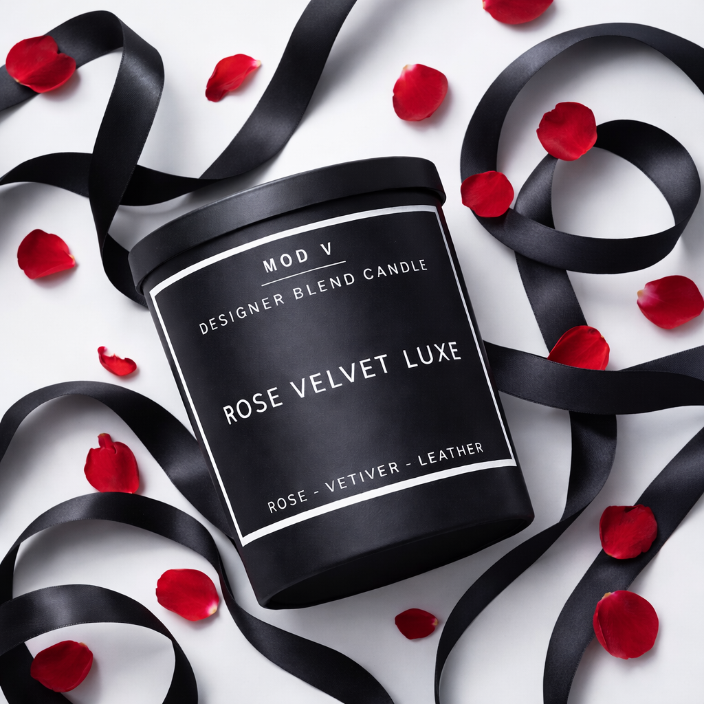 Designer blend candle labeled 'Rose Velvet Luxe' surrounded by black ribbons and red rose petals on a white background.