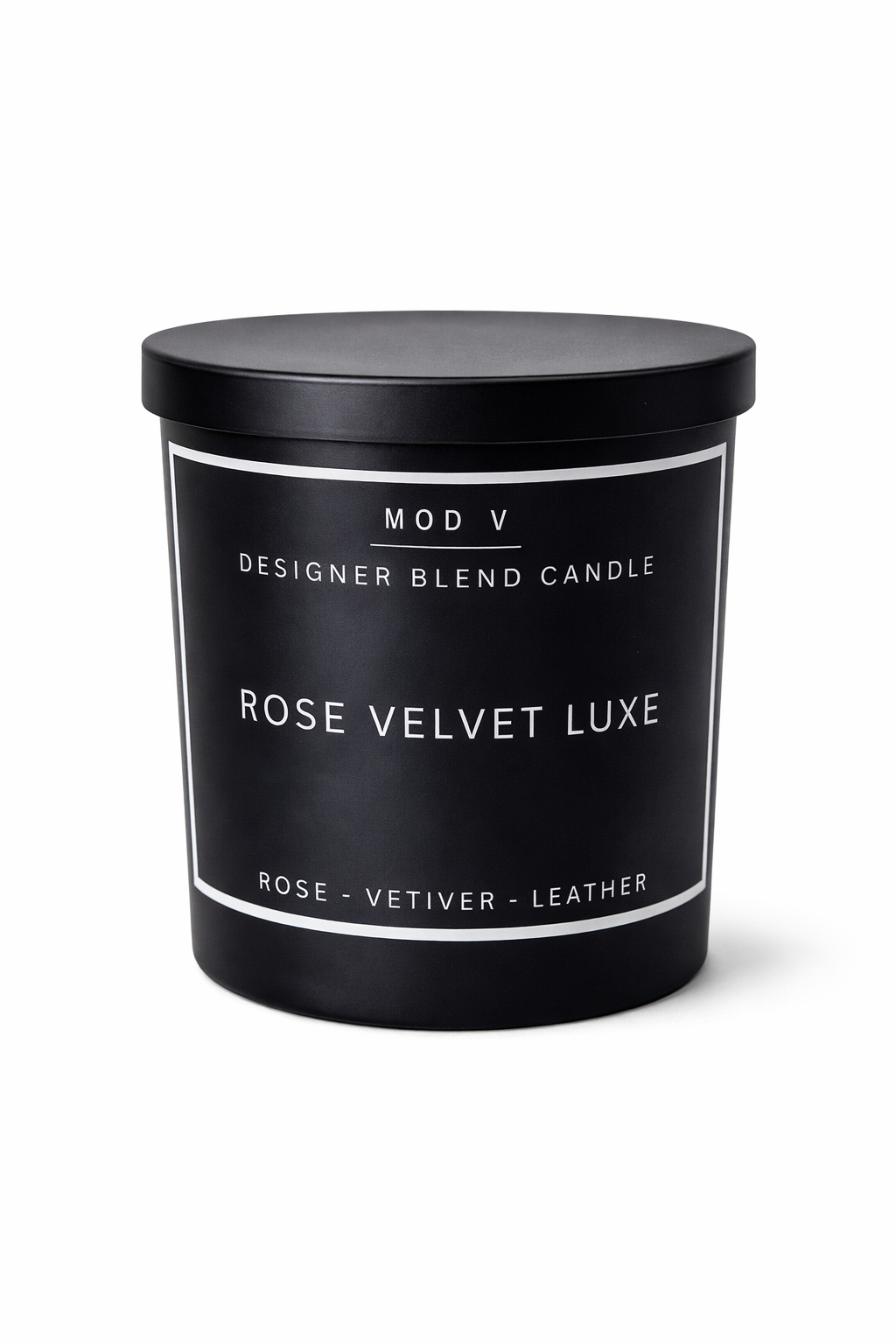 Black candle container with 'Rose Velvet Luxe' label on a white background