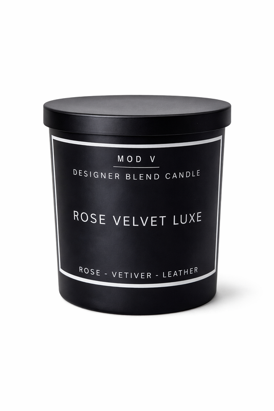Black candle container with 'Rose Velvet Luxe' label on a white background