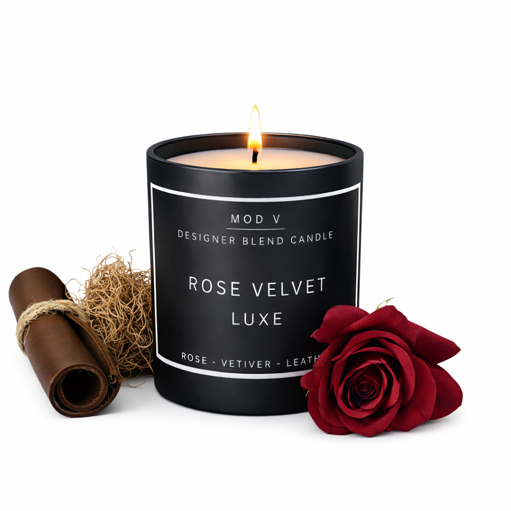 Black candle labeled 'Rose Velvet Luxe' with a red rose and leather roll on a white background