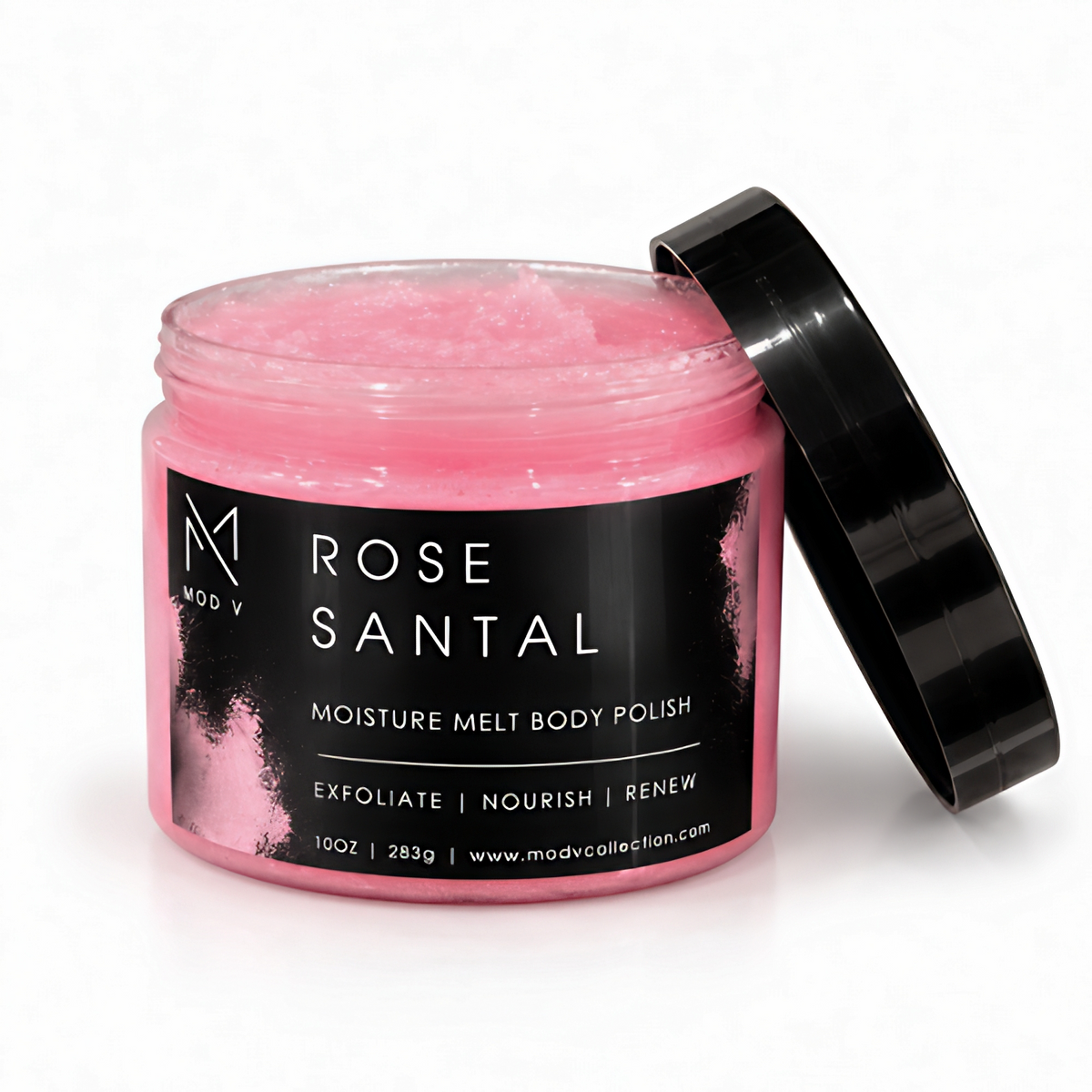 A 10oz jar of Mod V Rose Santal Moisture Melt Body Polish, showing the pink exfoliating gel inside and its black lid leaning against the jar on a white background.