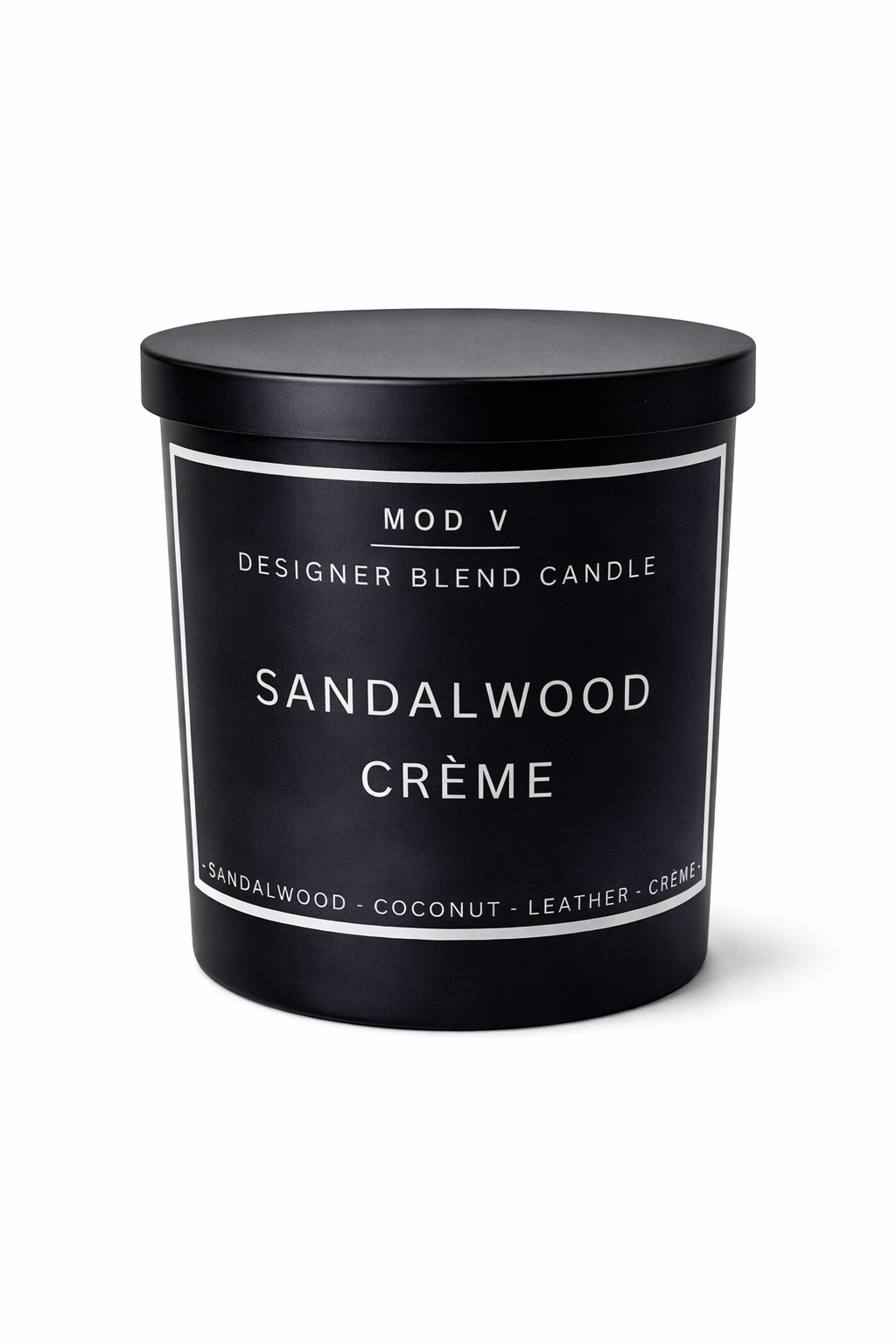Sandalwood Crème candle with black lid and label on a white background