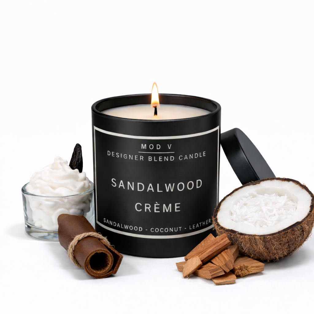 Sandalwood Crème candle with coconut, cinnamon, and vanilla beans on a white background