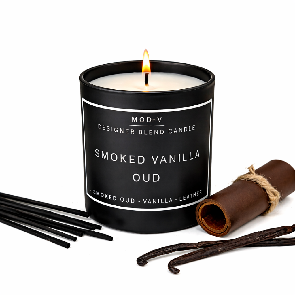 Smoked Vanilla Oud candle with packaging and vanilla beans on a white background
