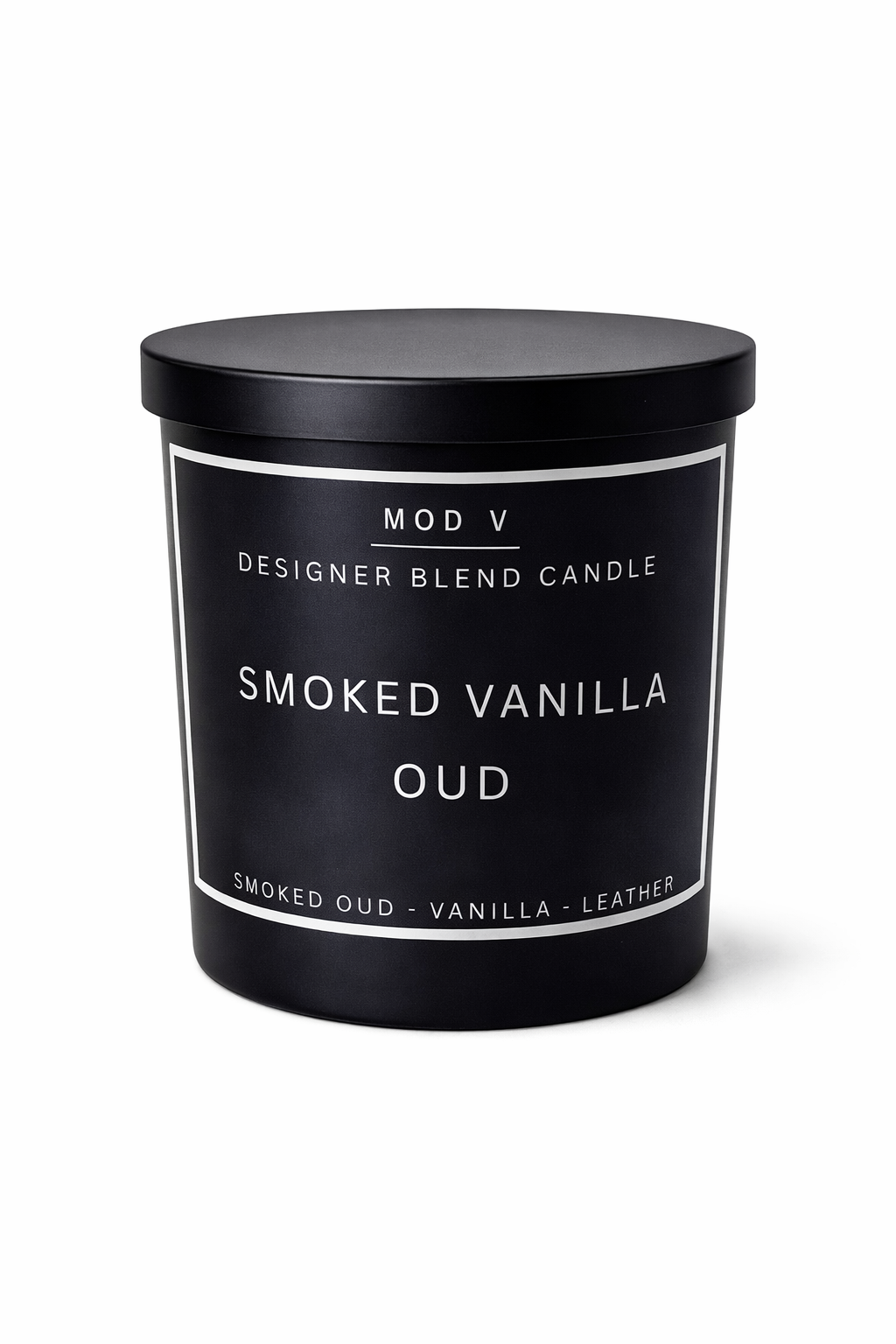 Black candle container with 'Smoked Vanilla Oud' label on a white background