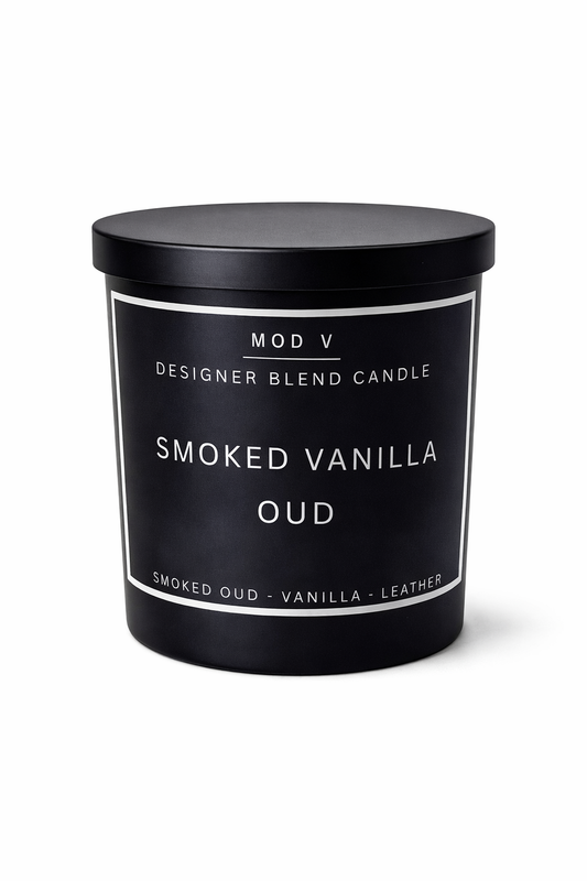 Black candle container with 'Smoked Vanilla Oud' label on a white background