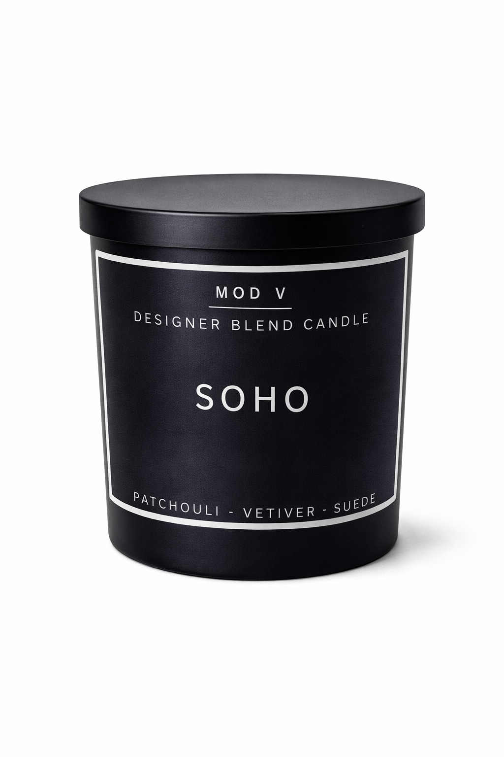 Black candle with 'Soho' label on a white background