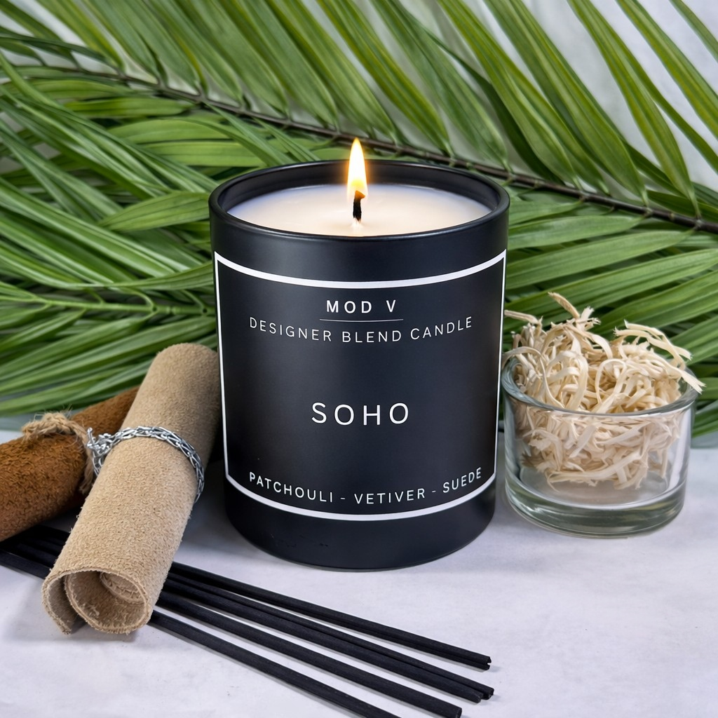 Mod V Designer Blend Candle labeled 'Soho' with decorative elements on a white surface.
