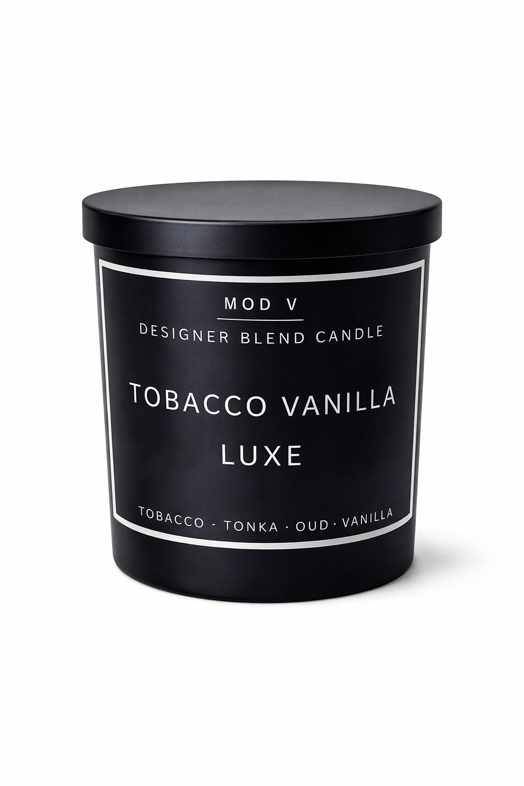 Black candle container with 'MOD V' branding and 'Tobacco Vanilla Luxe' description on a white background