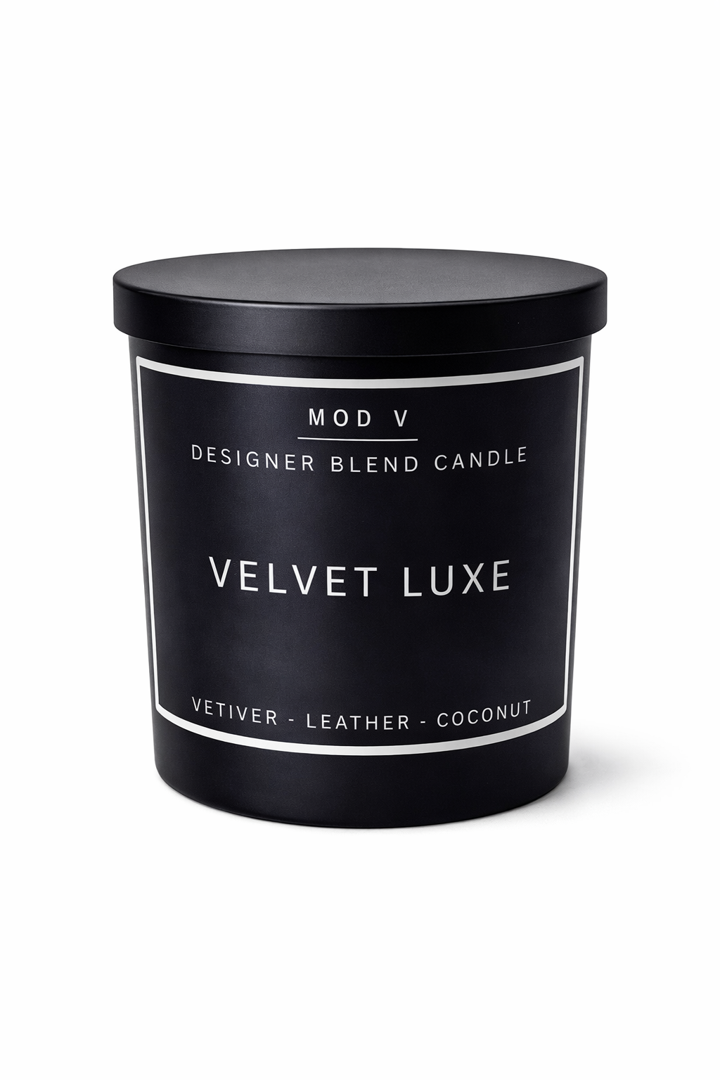 Black candle container with 'Velvet Luxe' label on a white background