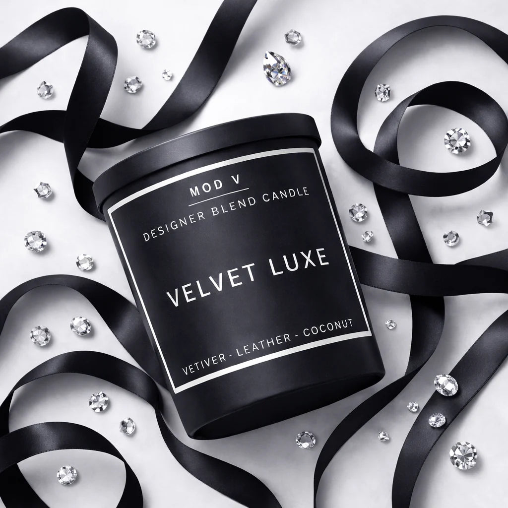 Black 'Velvet Luxe' candle with decorative ribbons and crystals on a white background