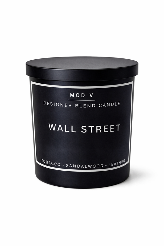 Black candle container labeled 'Wall Street' by Mod V on a white background