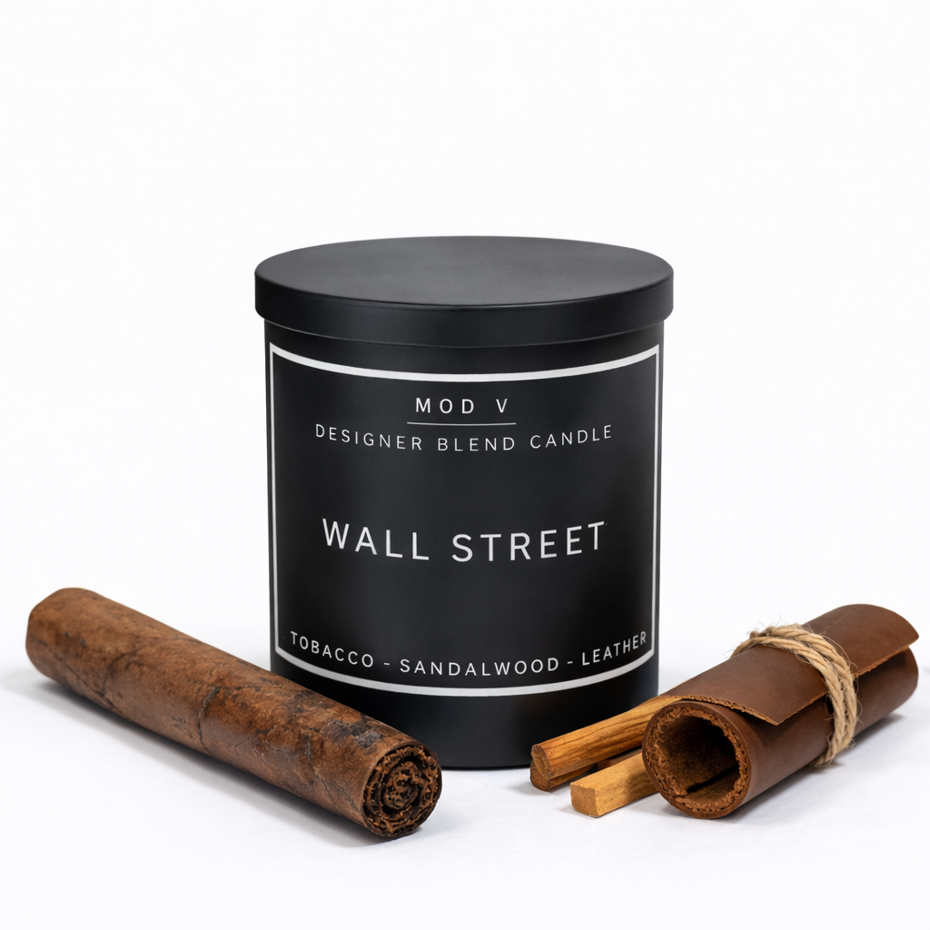 Designer blend candle labeled 'Wall Street' with decorative elements on a white background