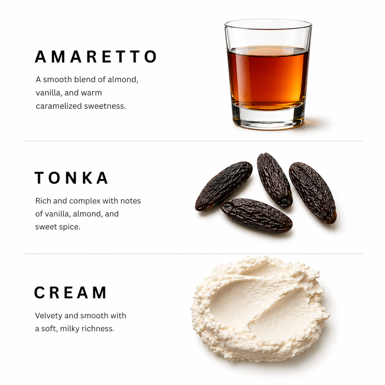 Amaretto, Tonka, and Cream ingredients with their respective names on a white background
