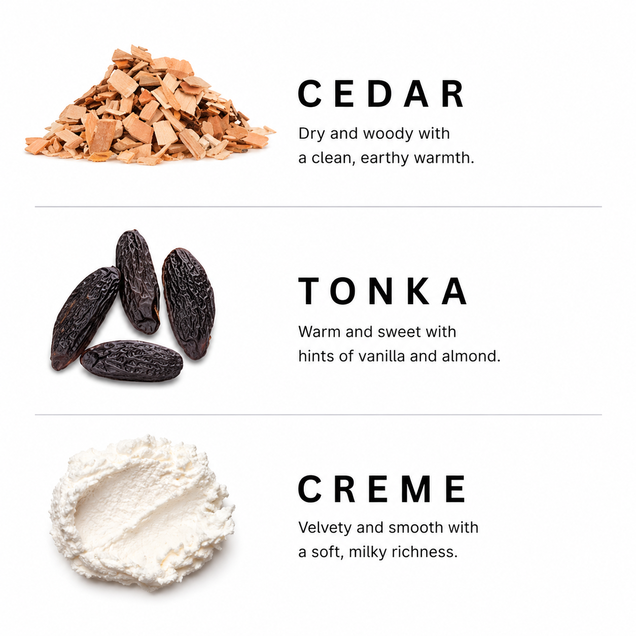 Three scents labeled 'Cedar', 'Tonka', and 'Creme' with corresponding samples on a white background.