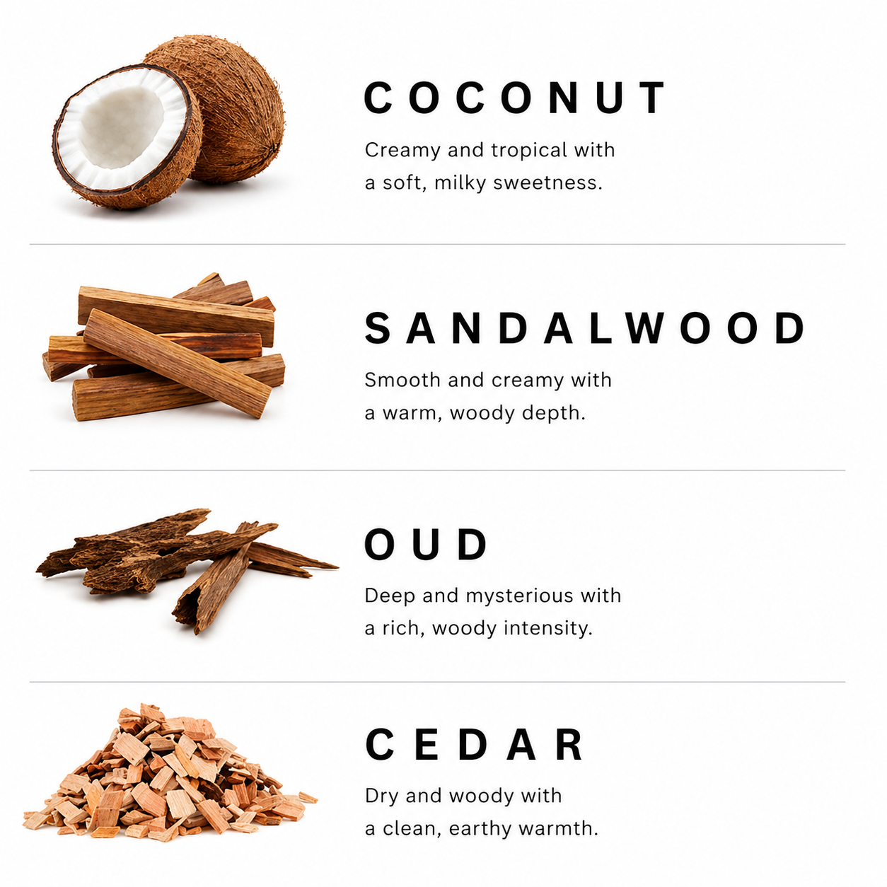 Four different wood types labeled: Coconut, Sandalwood, Oud, and Cedar on a white background.