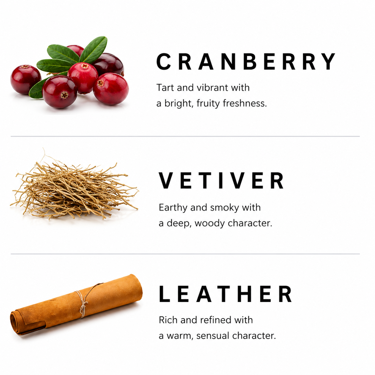 Three scents labeled 'Cranberry', 'Vetiver', and 'Leather' with corresponding images on a white background.