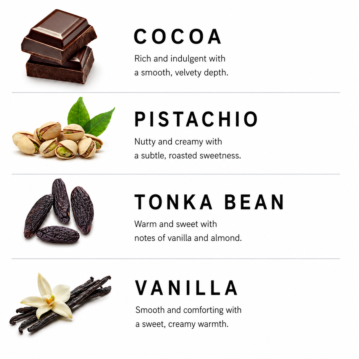 Chocolate bar, pistachios, tonka beans, and vanilla flowers with labels on a white background