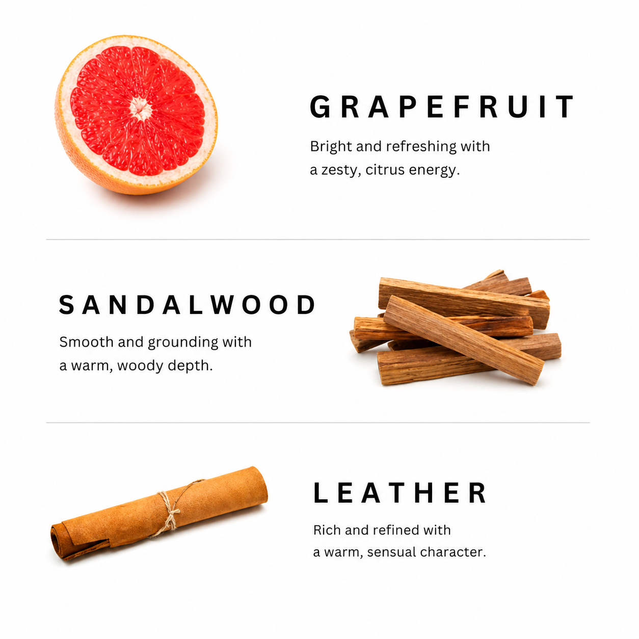 Grapefruit, sandalwood, and leather scents with corresponding images on a white background