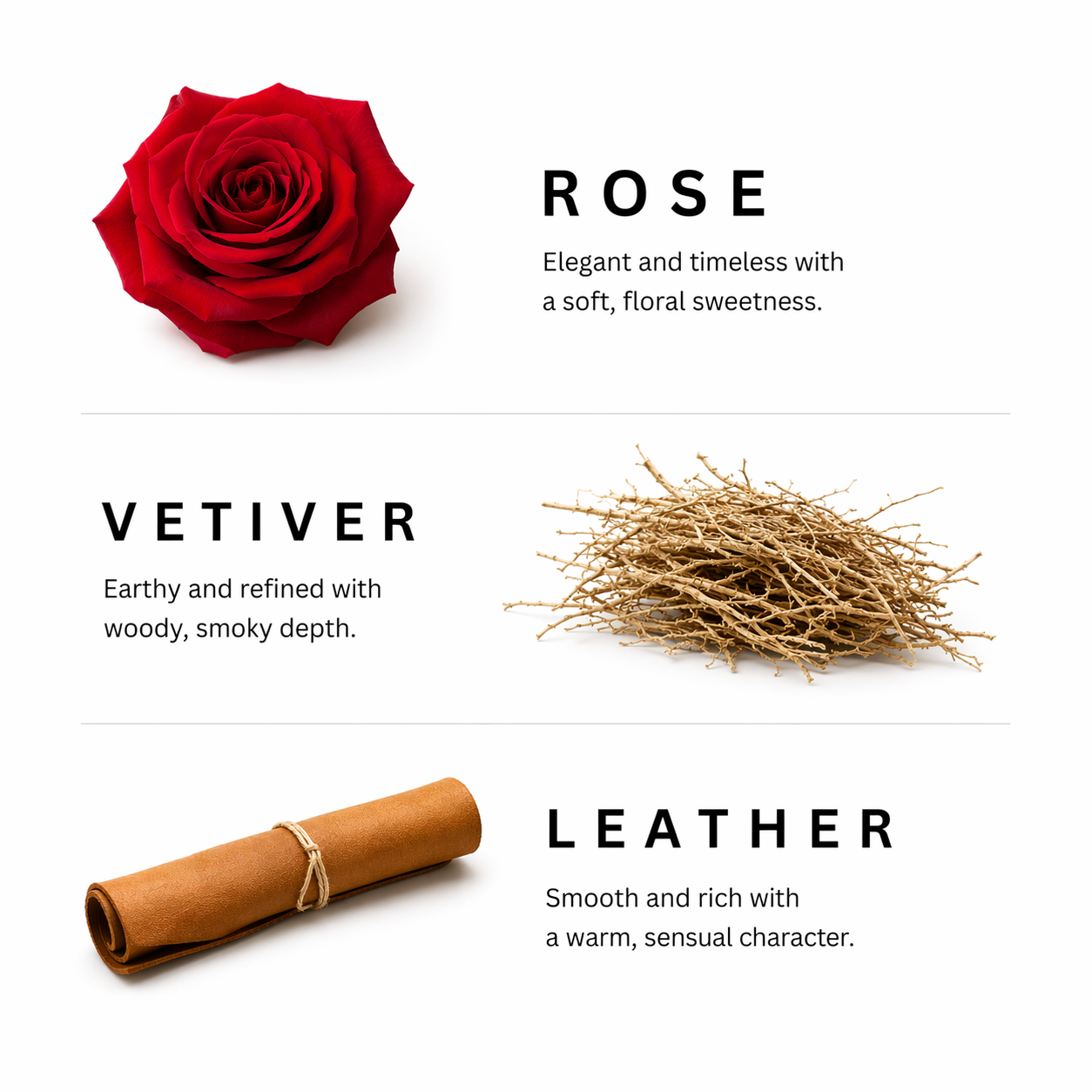 Three scents labeled 'Rose', 'Vetiver', and 'Leather' with corresponding items on a white background.