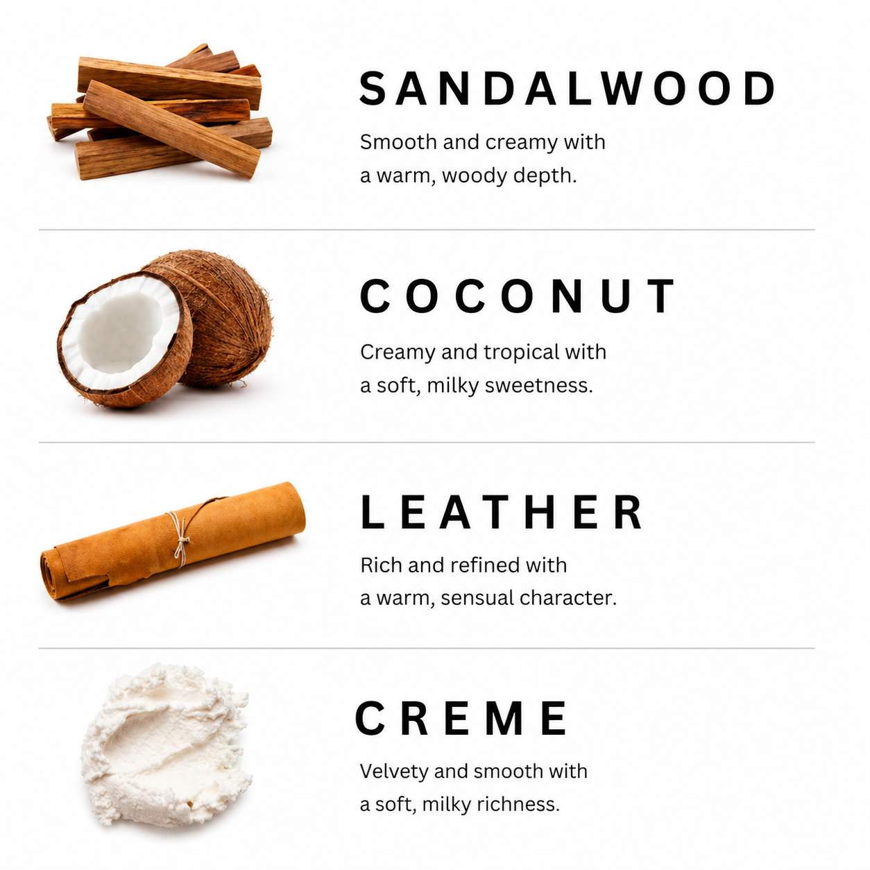 Four scents labeled as Sandalwood, Coconut, Leather, and Creme on a white background.